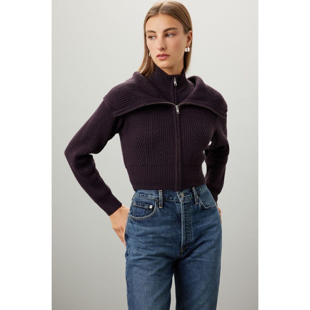 Derek Lam Dark Plum Ribbed Zip-Front Crewneck Sweater